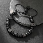 Lava Square Volcanic Stone Braided Bracelet for Men, matte black glass bead adjustable wristband.