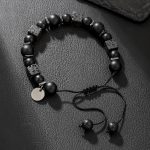 Lava Square Volcanic Stone Braided Bracelet for Men, matte black glass bead adjustable wristband. - Image 2