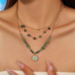 French Vintage Turquoise Natural Stone Beaded Necklace, Fashion Versatile Gold-Plated Stainless Steel Clavicle Chain Wholesale