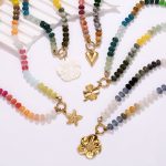 Bohemian natural stone beaded necklace, stainless steel heart and flower pendant, fashion clavicle chain.