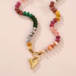 Bohemian natural stone beaded necklace, stainless steel heart and flower pendant, fashion clavicle chain. - Image 3
