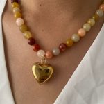 Ladies fashion pendant necklace, multi-tonal natural stone mixed beads, niche titanium steel heart charm design. - Image 2