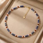 Long Strip Lapis Lazuli & Red Agate Necklace, Women's New Chinese Style Natural Stone Beaded Choker with Swarovski Beads, Cyan National Style Neck Jewelry