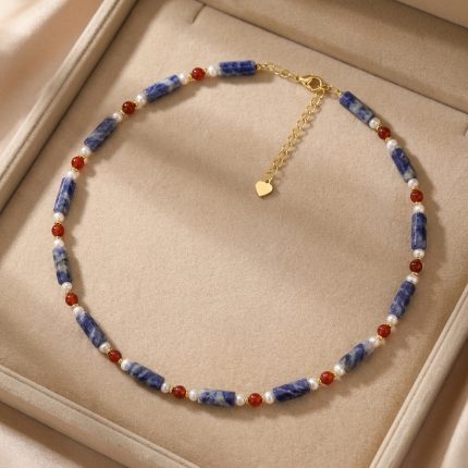 Long Strip Lapis Lazuli & Red Agate Necklace, Women's New Chinese Style Natural Stone Beaded Choker with Swarovski Beads, Cyan National Style Neck Jewelry