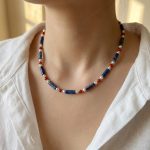 Long Strip Lapis Lazuli & Red Agate Necklace, Women's New Chinese Style Natural Stone Beaded Choker with Swarovski Beads, Cyan National Style Neck Jewelry - Image 2