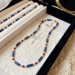 Long Strip Lapis Lazuli & Red Agate Necklace, Women's New Chinese Style Natural Stone Beaded Choker with Swarovski Beads, Cyan National Style Neck Jewelry - Image 3