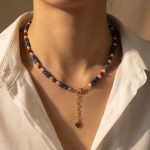 Long Strip Lapis Lazuli & Red Agate Necklace, Women's New Chinese Style Natural Stone Beaded Choker with Swarovski Beads, Cyan National Style Neck Jewelry - Image 4
