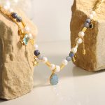 Mixed geometric material necklace, crafted with natural stone, freshwater pearl and titanium steel pendant.