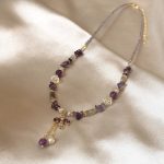 Women’s light luxury neck chain, purple crystal beaded with freshwater pearl, delicate bee and lock pendant design.