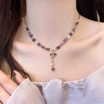 Women’s light luxury neck chain, purple crystal beaded with freshwater pearl, delicate bee and lock pendant design. - Image 2