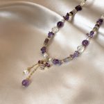 Women’s light luxury neck chain, purple crystal beaded with freshwater pearl, delicate bee and lock pendant design. - Image 3