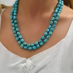 Retro turquoise necklace, irregular stone knotted sweater chain, fashion jewelry wholesale.
