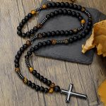 Men's hip-hop cross necklace, natural hematite, tiger eye and iron stone beads, religious daily wear neck accessories.
