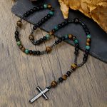Men's hip-hop cross necklace, natural hematite, tiger eye and iron stone beads, religious daily wear neck accessories. - Image 2