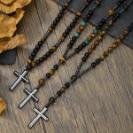 Men's hip-hop cross necklace, natural hematite, tiger eye and iron stone beads, religious daily wear neck accessories. - Image 3