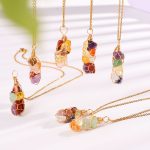 Handmade Copper Wire Wrapped Clavicle Necklace, Natural Chip Crystal Colorful Stone Net Pouch Pendant Jewelry